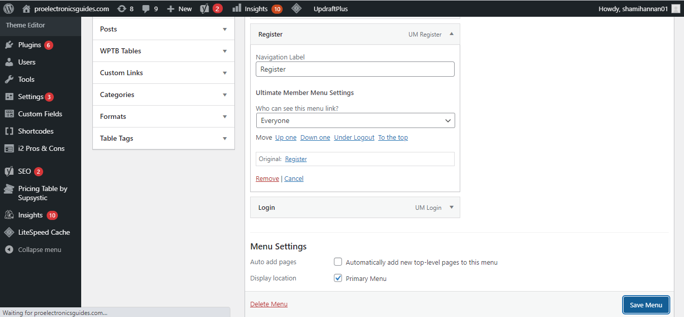 Кнопка Сохранить меню для применения изменений