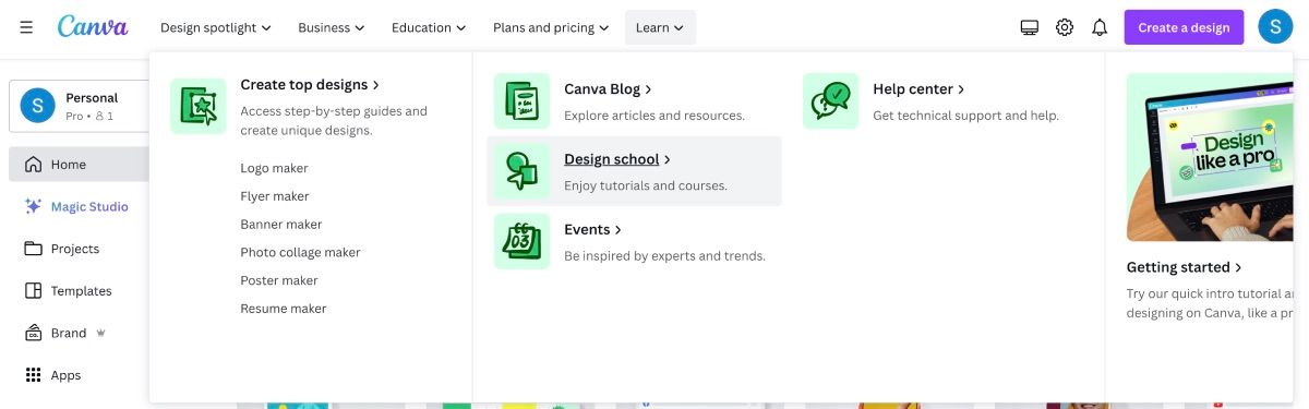 Главная страница Canva, выделена вкладка Design School