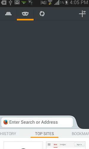 Нажмите на значок «Плюс», чтобы создать новую приватную вкладку в Firefox.