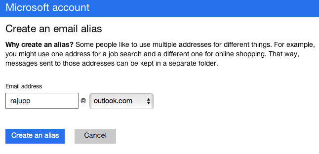Подтверждение создания псевдонима Outlook