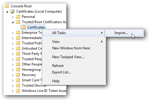 Выбор импорта сертификата