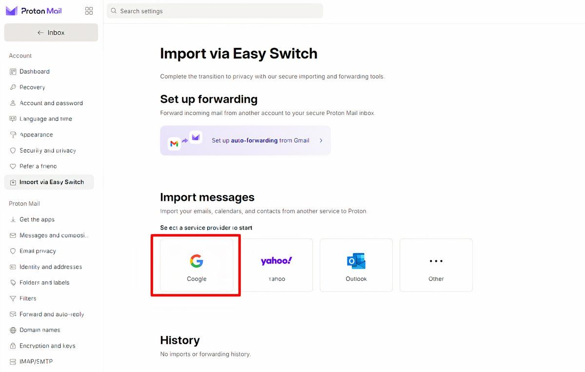 Gmail import to Proton Mail
