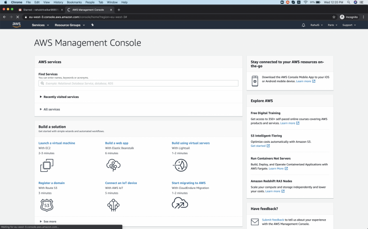 Главная консоль AWS со списком сервисов