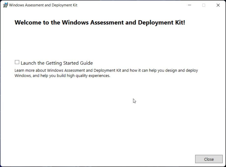 Окно установки Windows ADK с подтверждением завершения установки