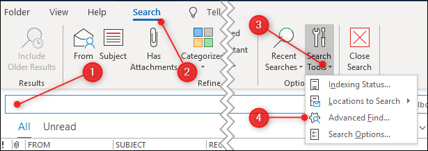 Пункт меню «Advanced Find» в Outlook