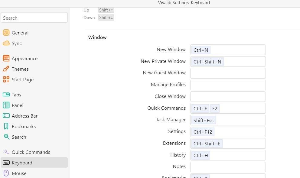 Вкладка «Клавиатура» в Vivaldi