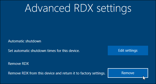 Скриншот: кнопка удаления RDX с предупреждением о сбросе