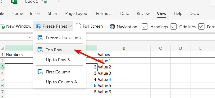 Опция «Верхняя строка» для закрепления