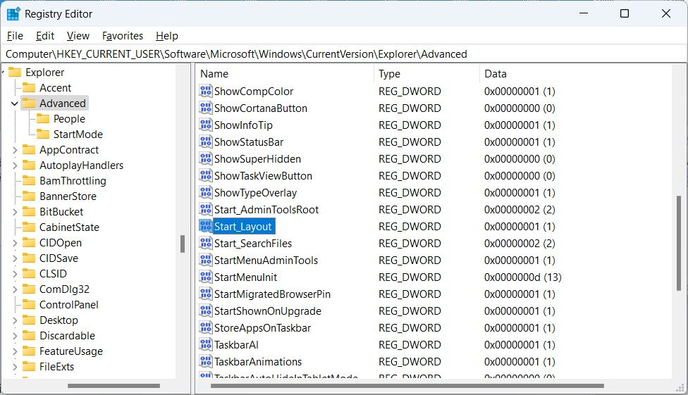 реестр Windows с выбранным значением Start_Layout