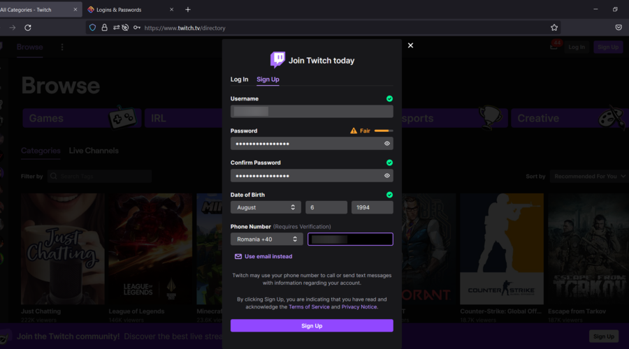 Форма регистрации Twitch
