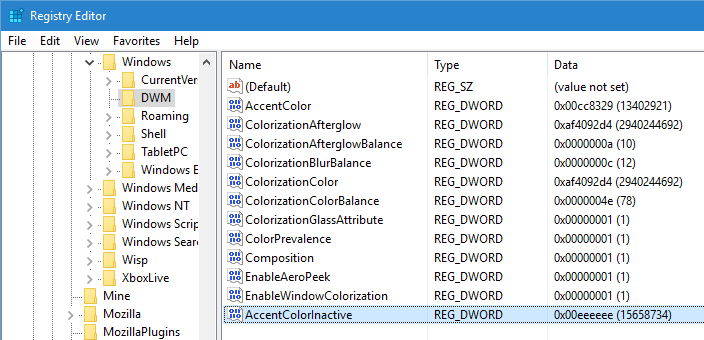 Отредактированное значение AccentColorInactive в реестре