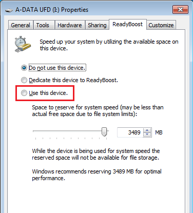 Окно: Использовать это устройство (ReadyBoost)