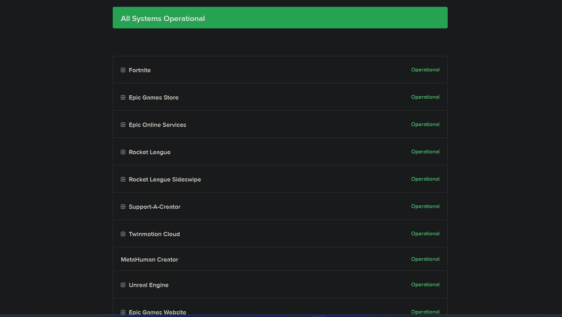 страница состояния Epic Games — все системы работают
