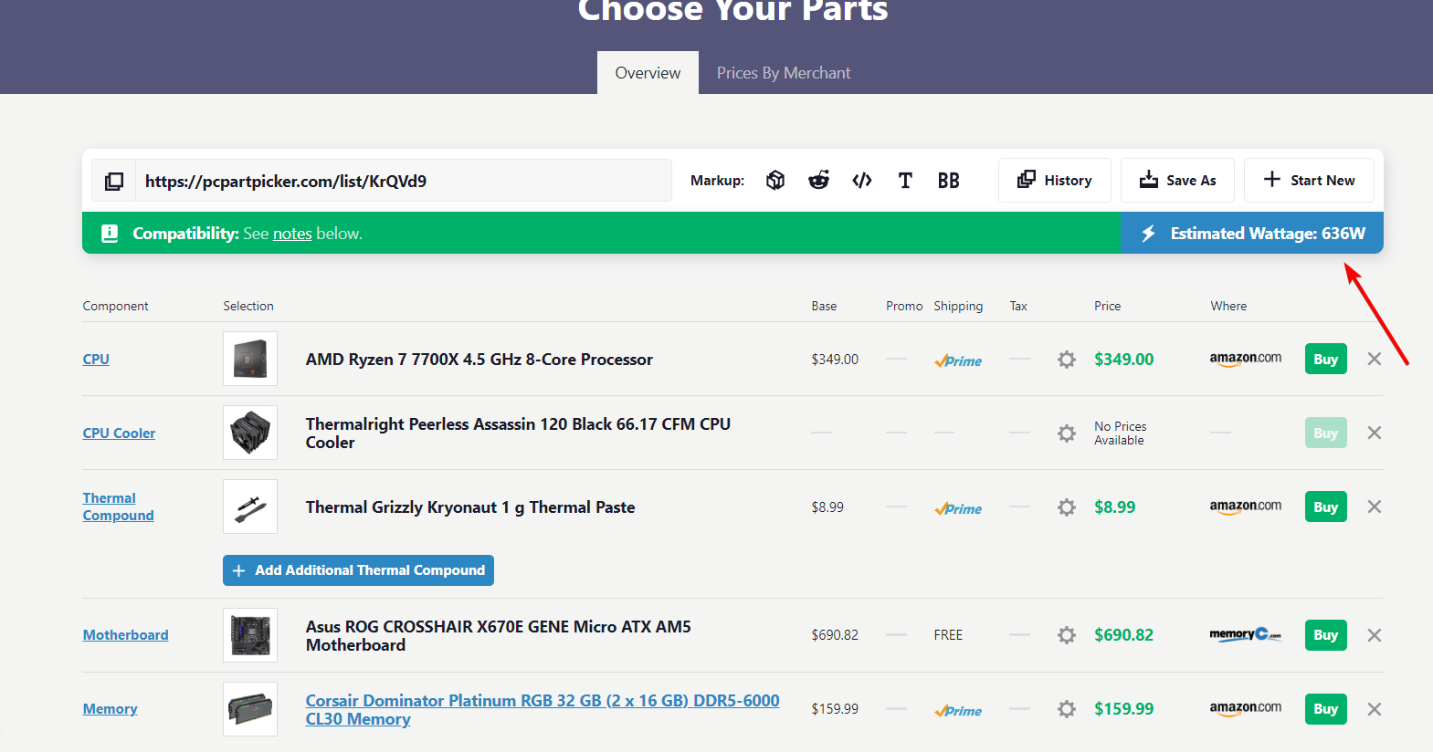 Показ Estimated Wattage вверху страницы сборки