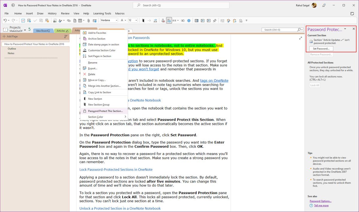 Настройка пароля для раздела блокнота OneNote