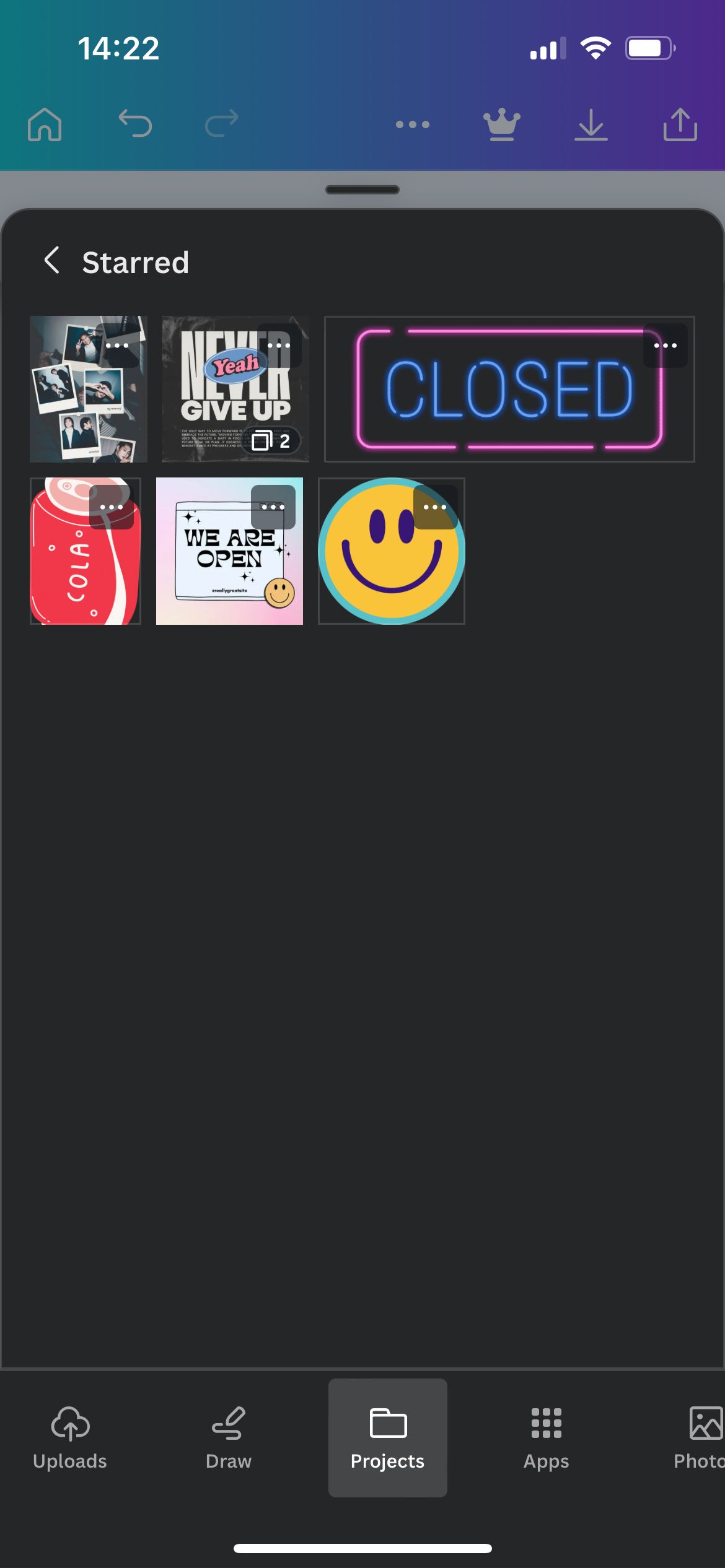 Папка Starred в мобильном приложении Canva.