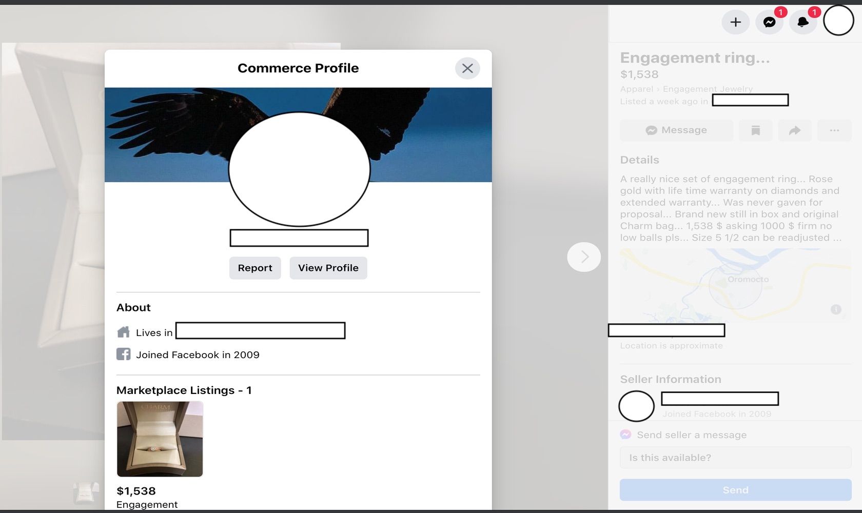 Скрин профиля продавца на Facebook Marketplace