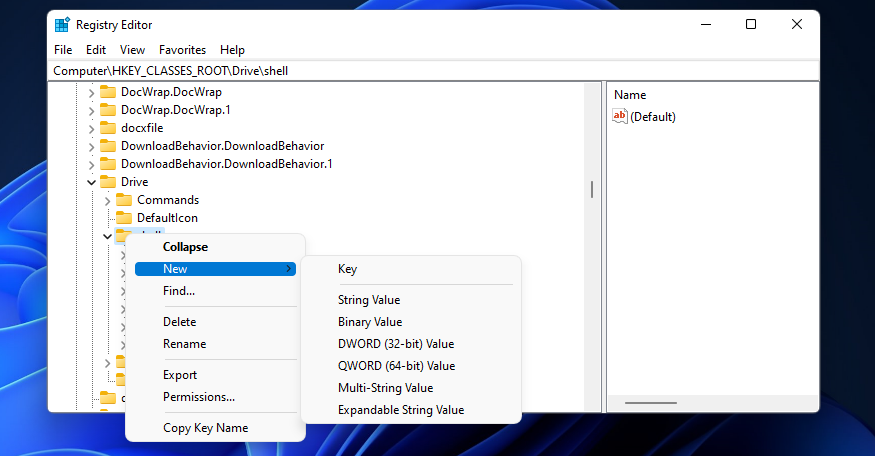 Опция Создать и пункт Раздел