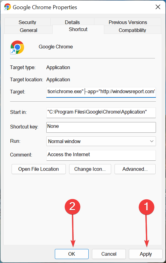 Применение настроек ярлыка