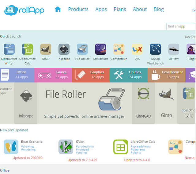 Выбор приложений в RollApp: список доступных программ