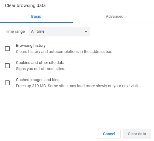 Параметры очищения кэша в браузере