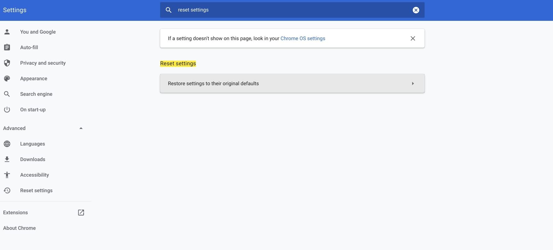 Окно настроек Chrome