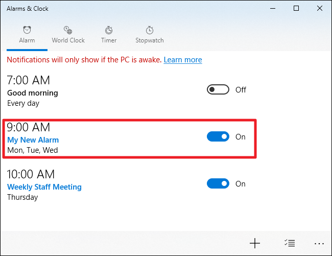 Включённый будильник в списке