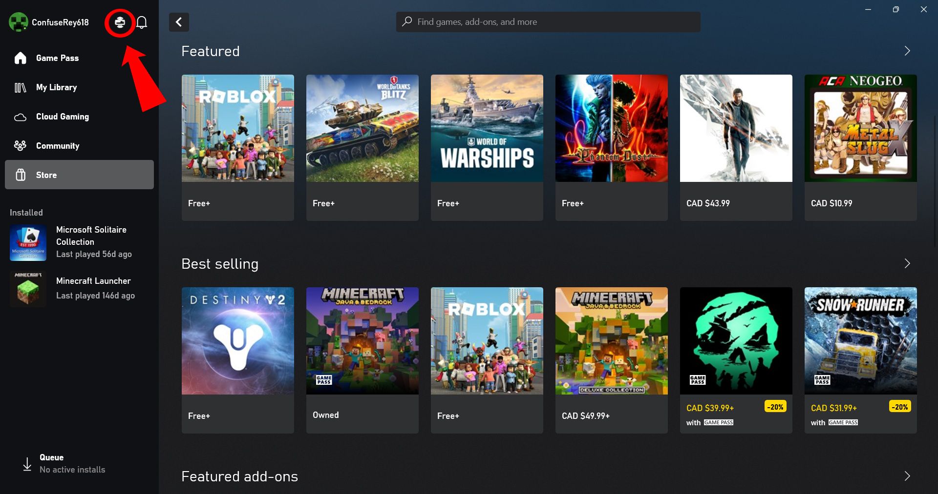 Красная стрелка и кружок указывают на иконку консоли Xbox в левом верхнем углу приложения