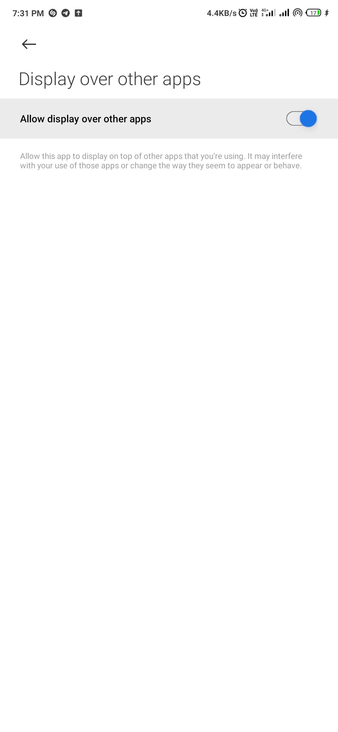 Разрешить показ поверх других приложений