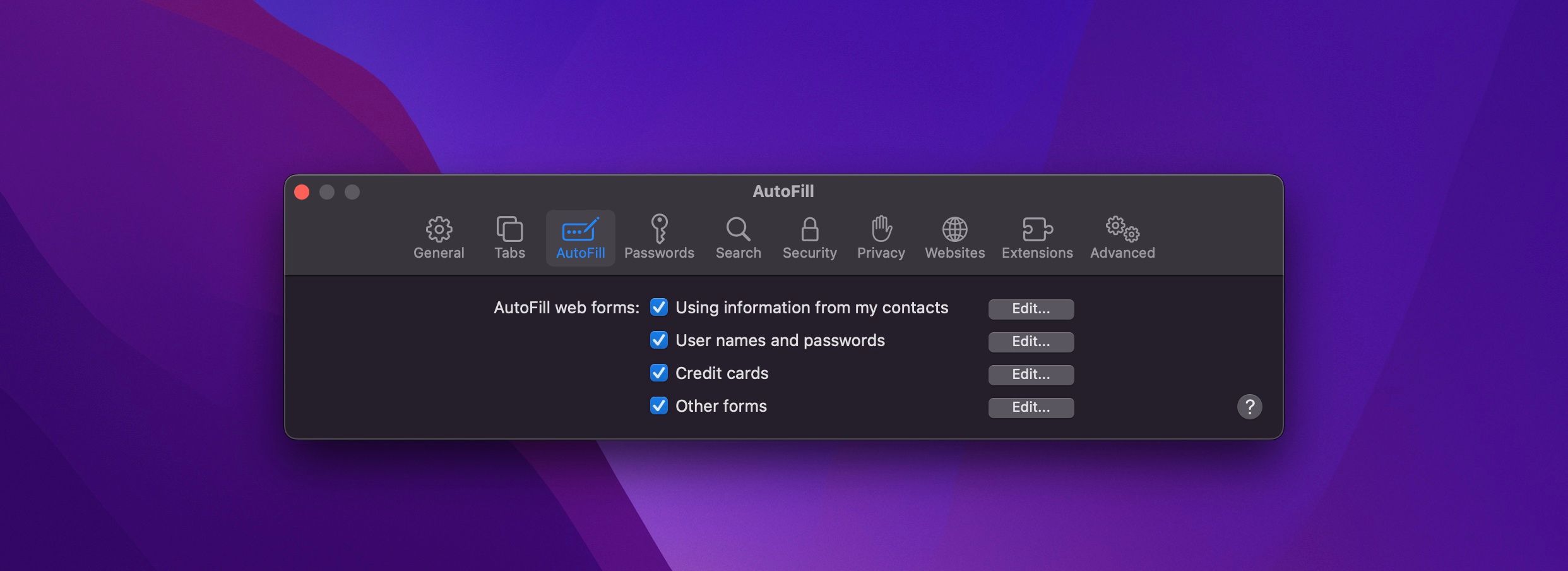Вкладка автозаполнения в настройках Safari