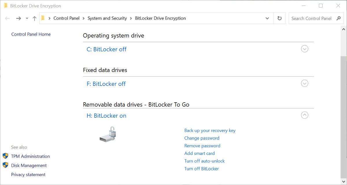 Смена пароля BitLocker в Панели управления