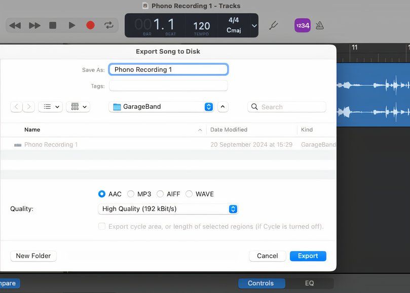 GarageBand — экспорт аудио.