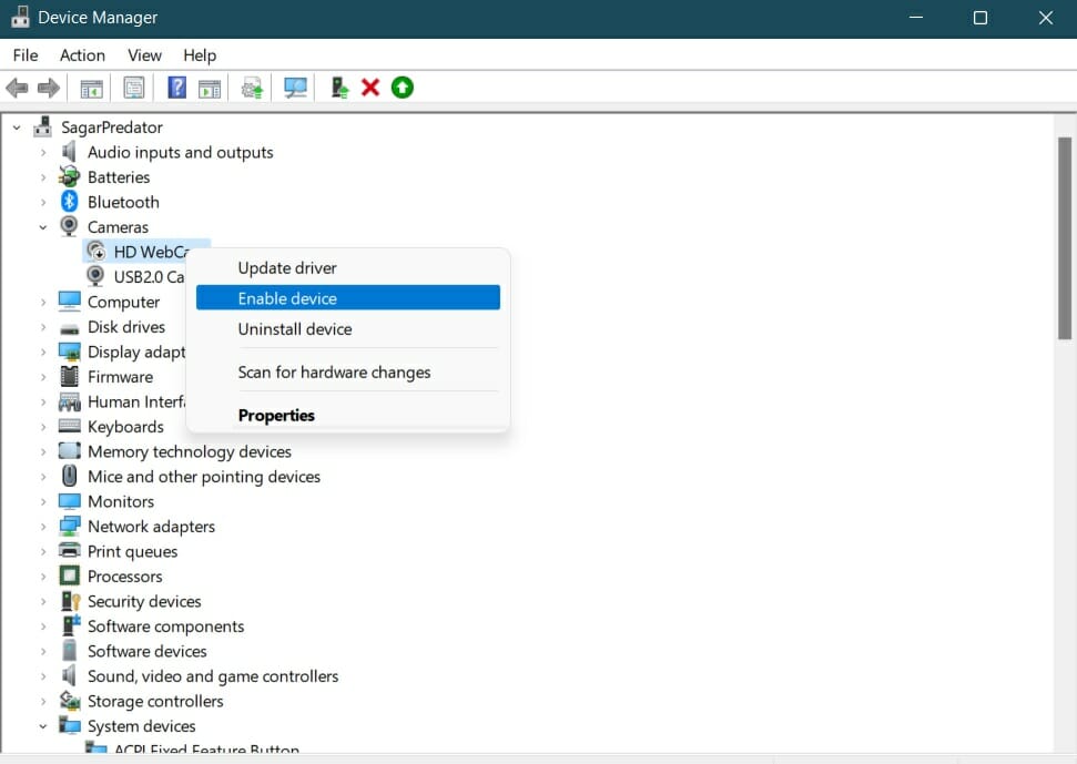 Включение устройства камеры через Диспетчер устройств