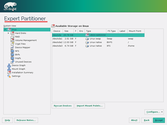 Опция экспертной разметки OpenSUSE Leap 42.1