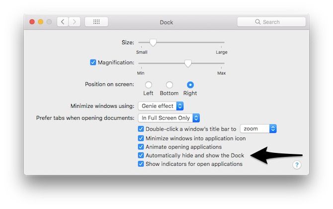 параметр скрытия Dock в настройках macOS