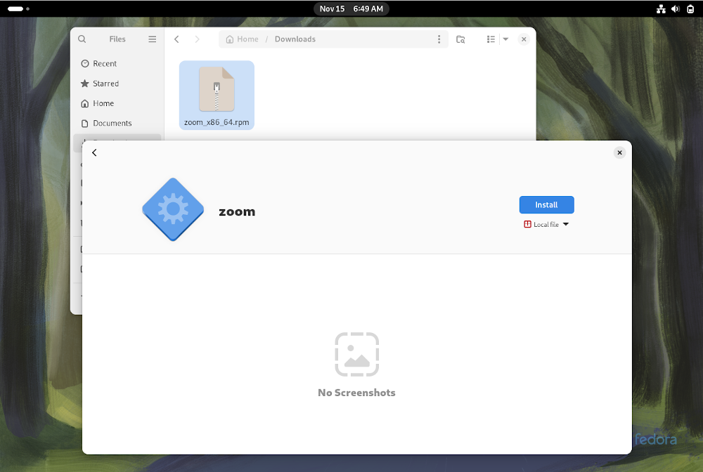 Установка Zoom в Fedora — окно установки пакета RPM.