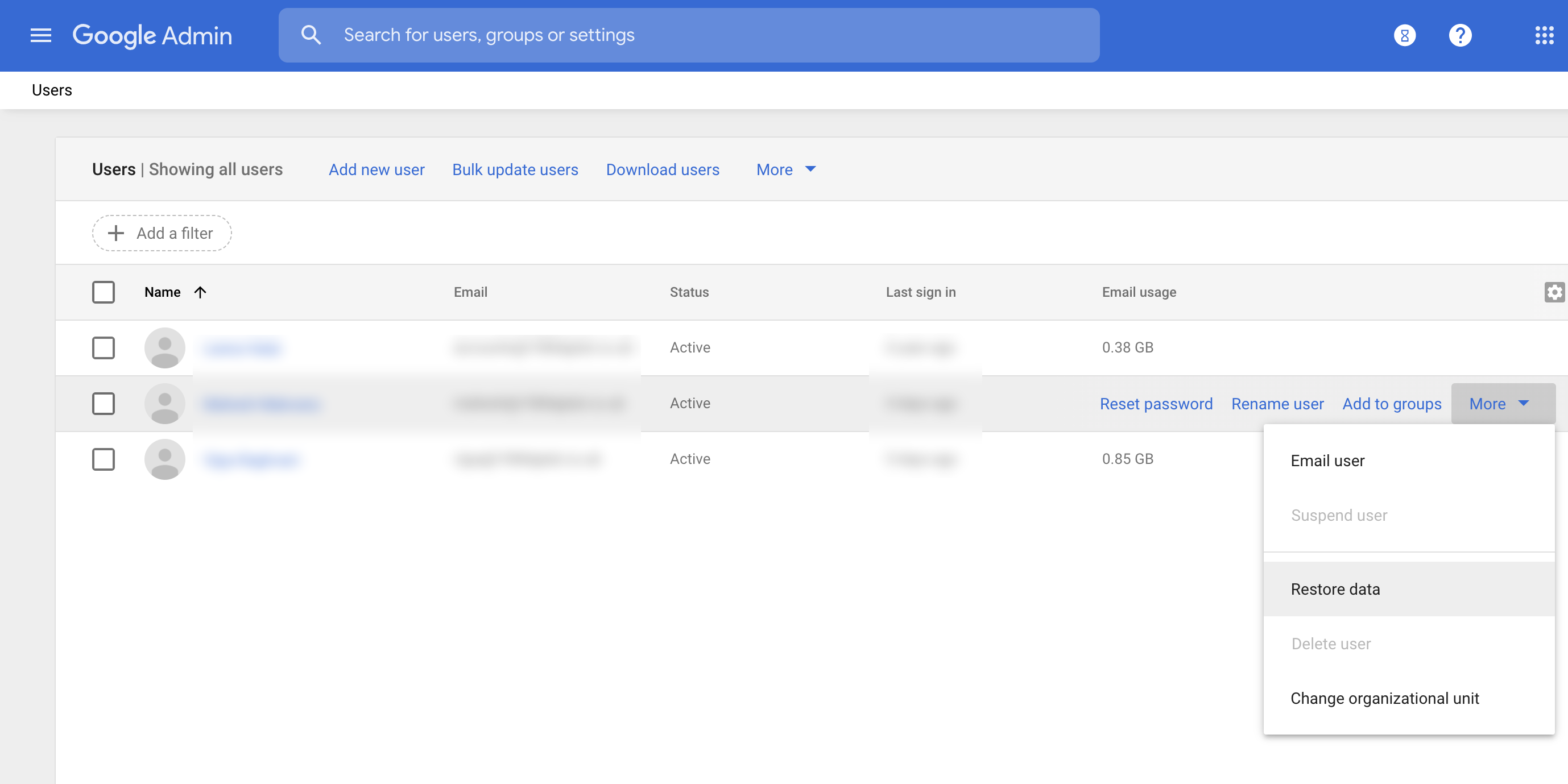 Опция восстановления данных для пользователя Workspace