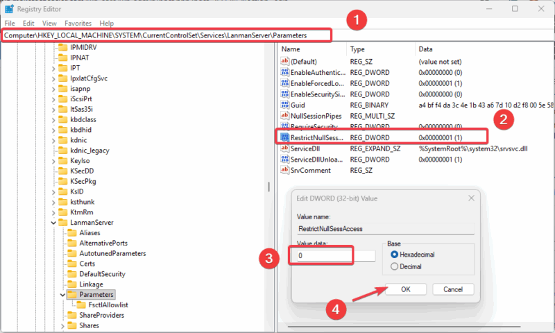 Configuración restrictnullsessaccess en el Registro