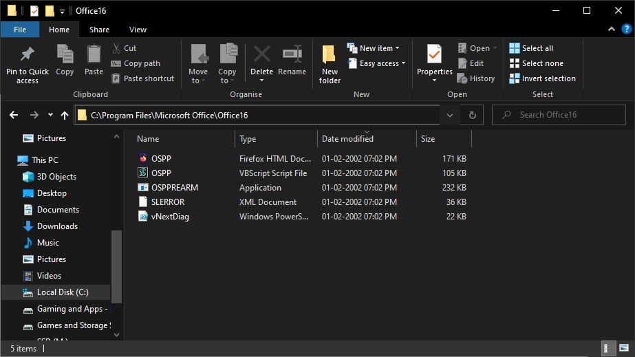 Запуск OSPPREARM.exe в папке защиты Office