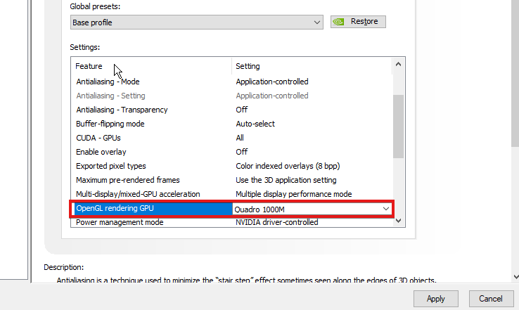 Параметры OpenGL — выбор GPU