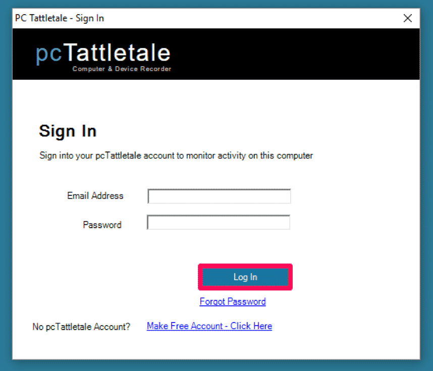 Окно входа в pcTattletale на ПК