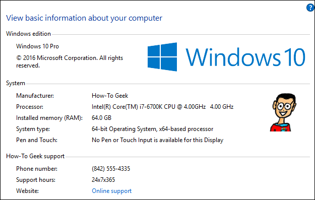 Пример отображаемой информации производителя в окне «Система»