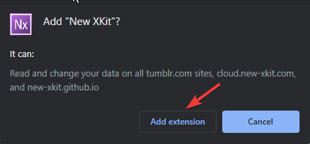 Подтвердите добавление расширения XKit