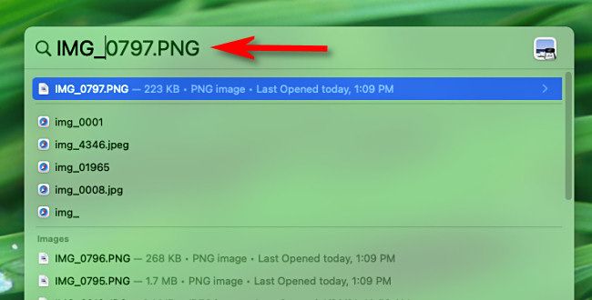 Поиск файла через Spotlight на Mac: введите имя файла.