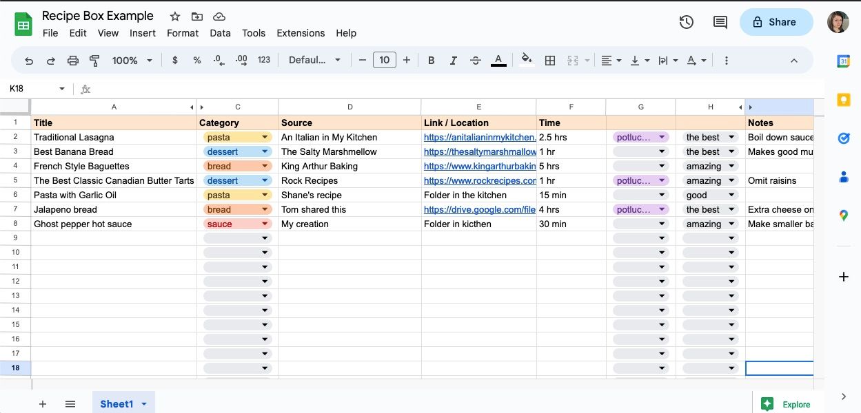 Цифровой список рецептов в Google Sheets на экране