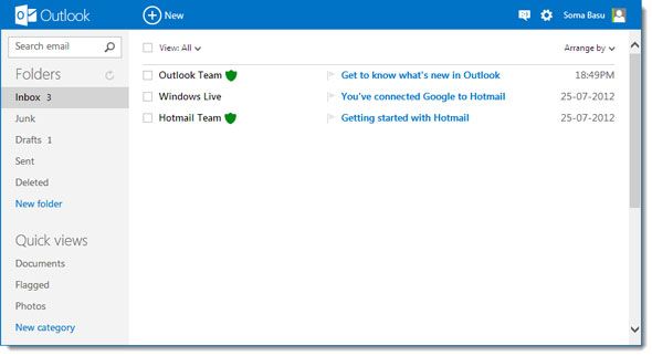Вход в Outlook с почтовым ящиком и приветственным письмом