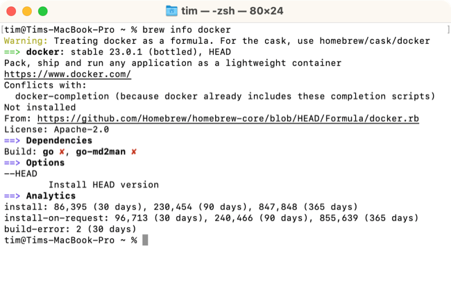 Searching for docker with brew on a Mac.