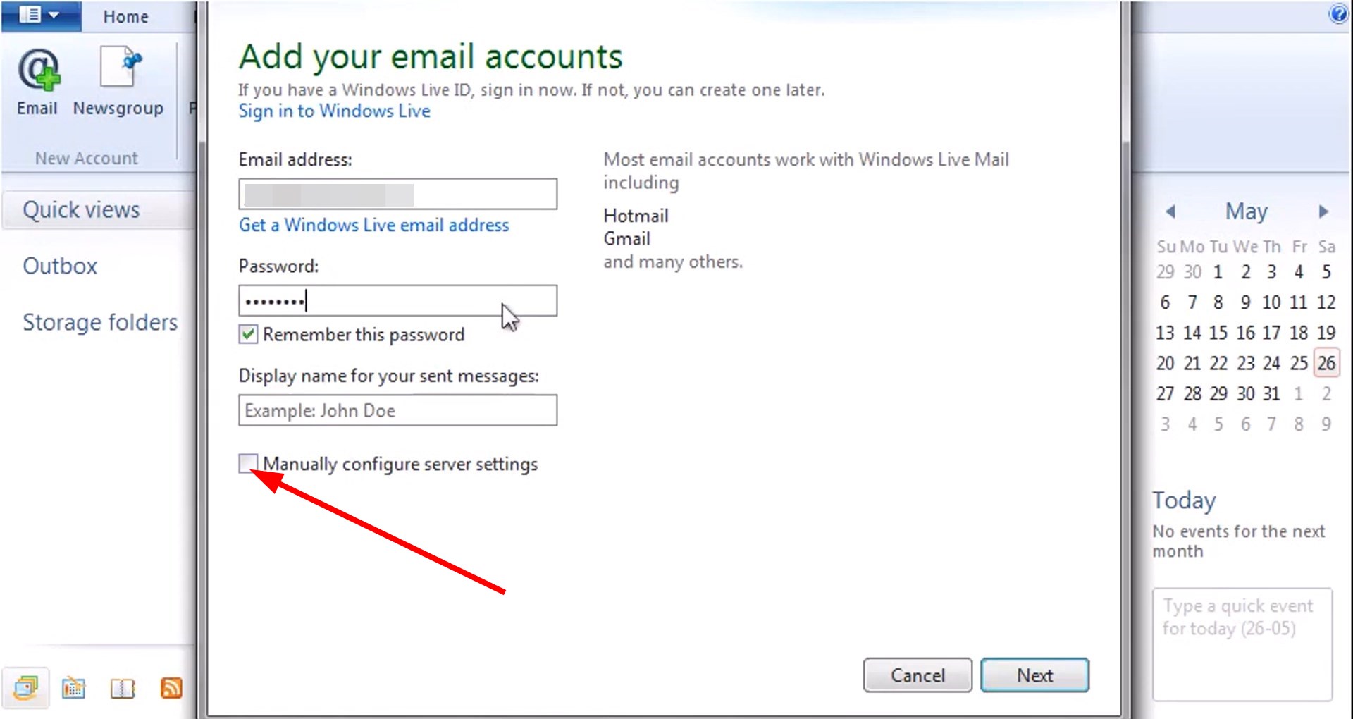 Опция 'Manually Configure Server Settings' в мастере добавления почты