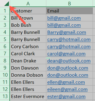 Кликните треугольник, чтобы выделить весь лист