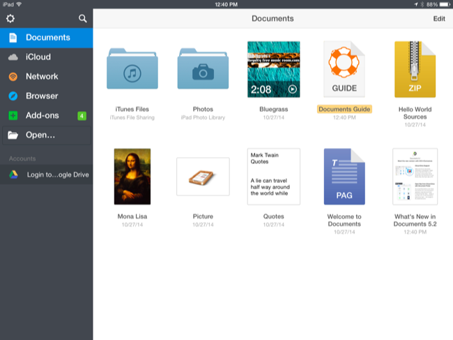 Панель приложения Documents с локальными файлами